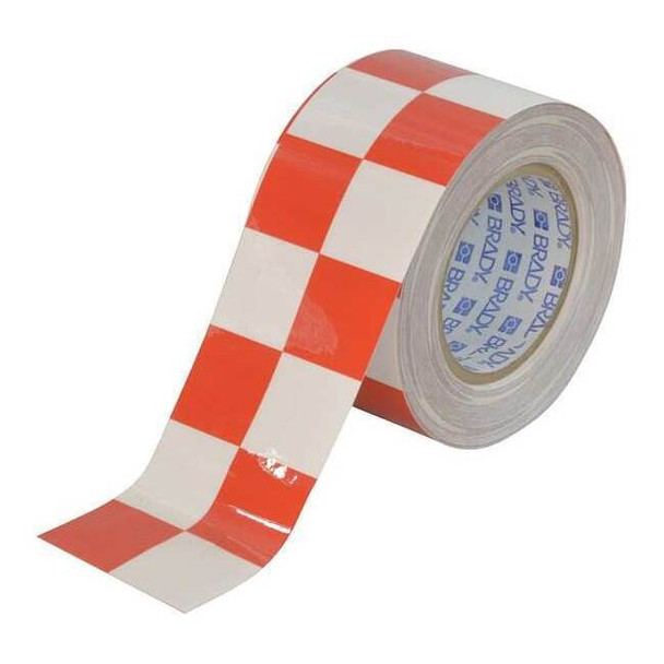 Floor Marking Tape, Polyester, Checkered, Red, White, 3 in W., 8 mil Thickness