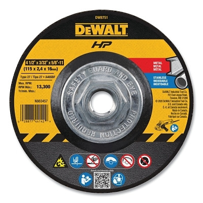 High Performance™ Cutting and Notching Wheel, Type 27, 4-1/2 in dia x 3/32 in Thick x 5/8 in-11 in Arbor, 24 Grit, Alum Oxide Pack of 10