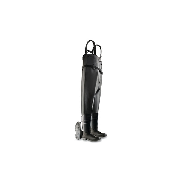 Chest Waders, Steel Toe, Men's 13, 16 in Boot, 53 in Overall L, PVC, Nylon Suspenders, Black/Gray