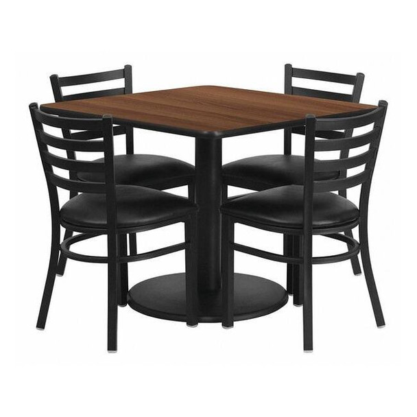 Square Walnut Table,Blk Seat,Sqr,Rnd Base,36", Laminate Top, Wood Grain