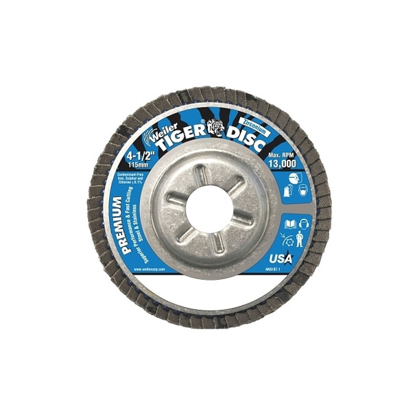 Tiger Disc Angled Style Flap Discs, 4 1/2 in, 120 Grit, 7/8 Arbor, Aluminum Back
