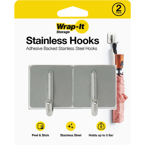 Wrap-It Storage Handy Hooks Stainless Steel Adhesive Hooks (2-Pack) 502-SH-SS
