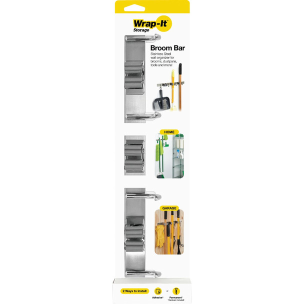 Wrap-It Storage Broom Bar 16 In. Stainless Steel Adhesive Broom Holder