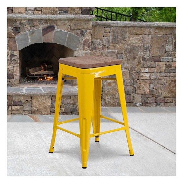 Metal Counter Stool, 24", Yellow, Backrest: Backless