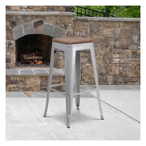 Backless Silver Metal Barstool with Square Wood Seat,30" High,PK4