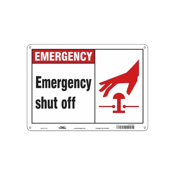 EMERGENCY SHUT OFF, 14 in W x 10 in H, Horizontal Rectangle, Aluminum, 469J85