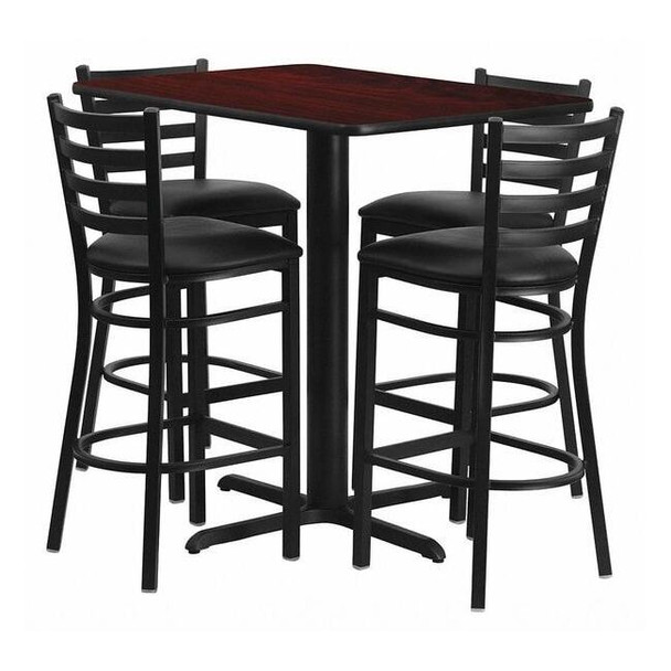 Rectangle Mah Bar Table,Rectngl w/X-Base,Blk Seats, Laminate Top, Wood Grain