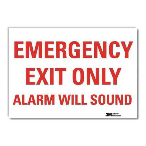 Exit Sign, Vinyl, 14" W, 10" H, Emergency Exit Only Alarm Will Sound, White