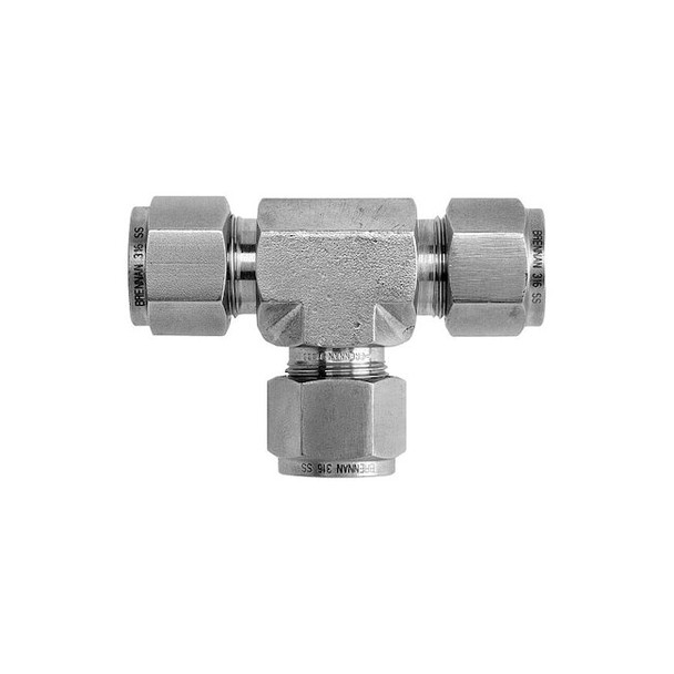 Brennan Industries Tee, SS, Comp 3/8", MNPT 1/4", Comp 3/8" NS2605-06-04-06-SS