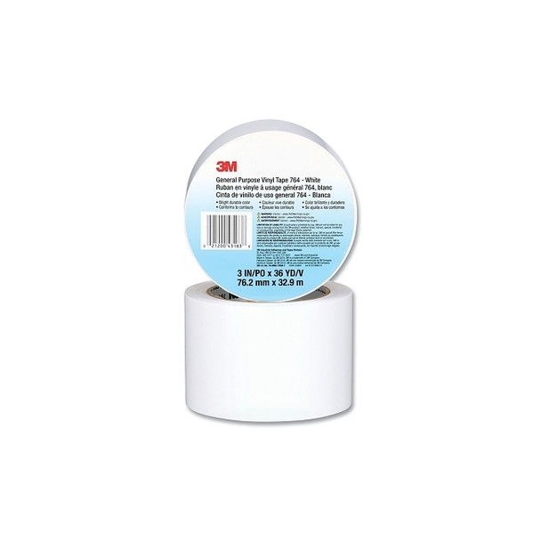 General Purpose Vinyl Tape 764, 3 in x 36 yd x 5 mil, White