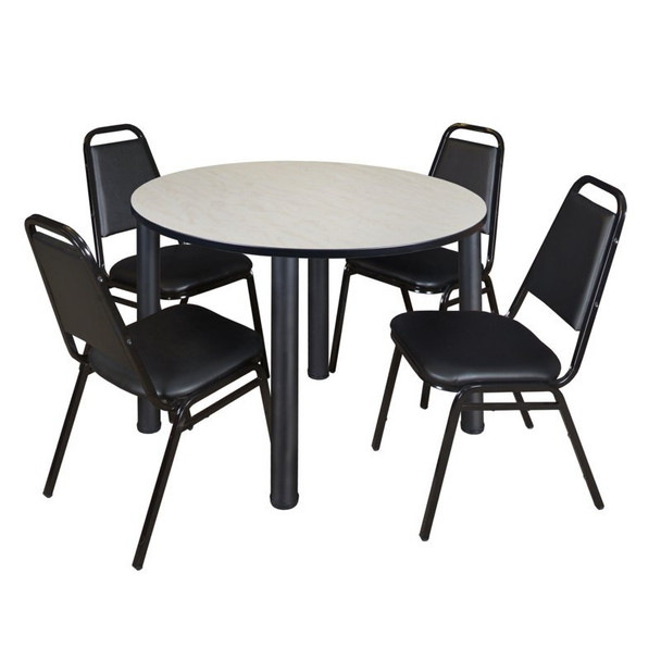 Kee Kee Round Table & Chair Set, Wood, Metal, Vinyl Top, Maple TB48RNDPLBPBK29BK