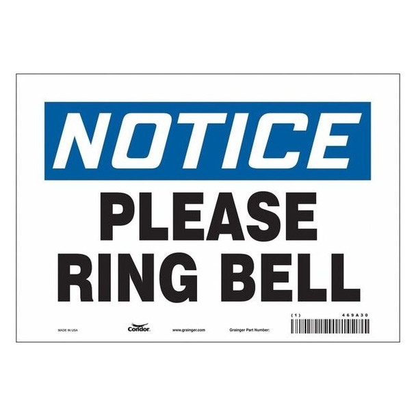 Notice, PLEASE RING BELL, 10 in W x 7 in H, Vertical Rectangle, Vinyl, 469A30