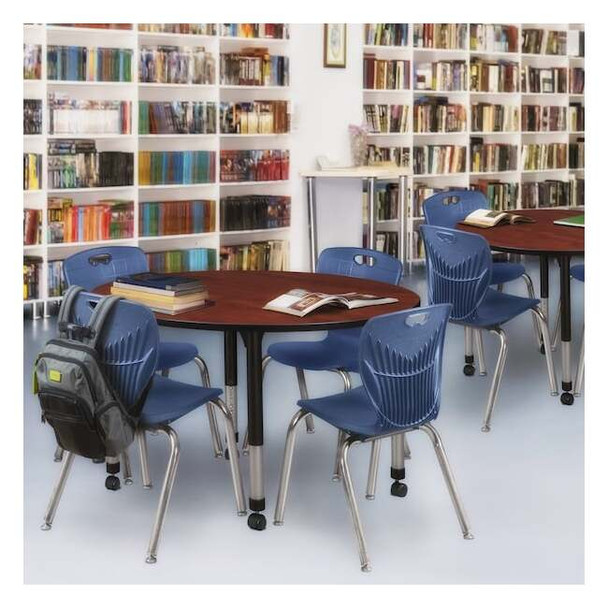 Round Mobile Tables, 48 W, 48 L, 23-34 H, Wood, Metal, Cherry