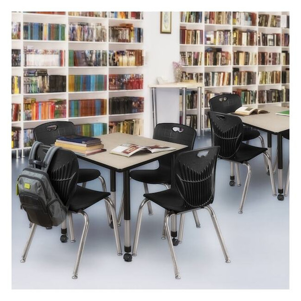 Square Mobile Tables, 36 W, 36 L, 23-34 H, Wood, Metal, Maple