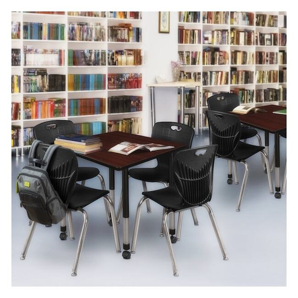 Square Mobile Tables, 30 W, 30 L, 23-34 H, Wood, Metal, Mahogany
