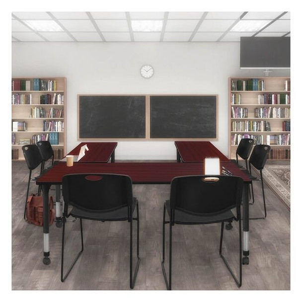 Rectangular Mobile Tables, 66 W, 30 L, 23-34 H, Wood, Metal, Mahogany