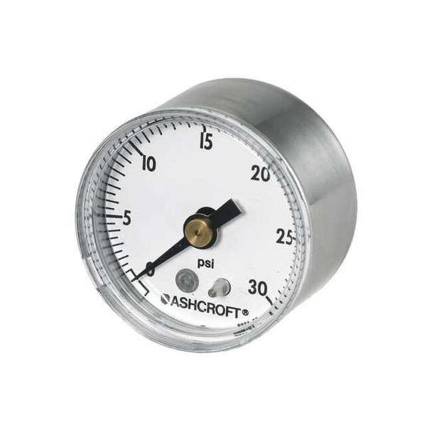 Pressure Gauge, 0 to 60 psi, 1 1/2 in Dial, 1/8 in NPT, Center Back Location