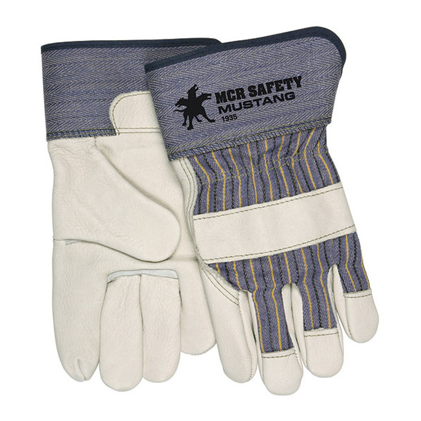 MCR Safety® Mustang™ Leather Palm Gloves, Large, Blue Striped/Natural, 12/Pair