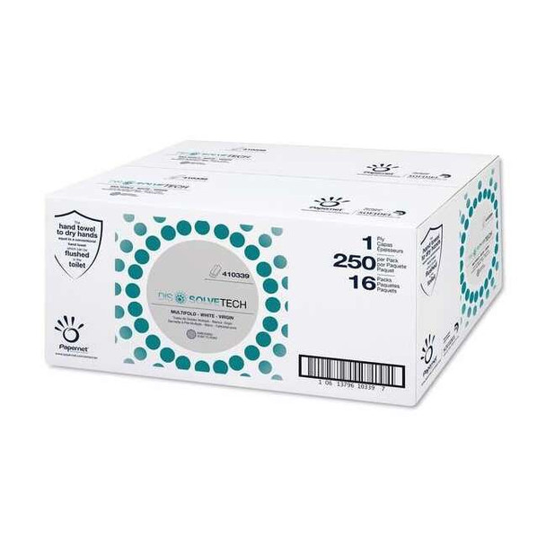 DissolveTech Multifold Paper Towels, 1 Ply, 250 Sheets, 193 ft, White, 16 PK