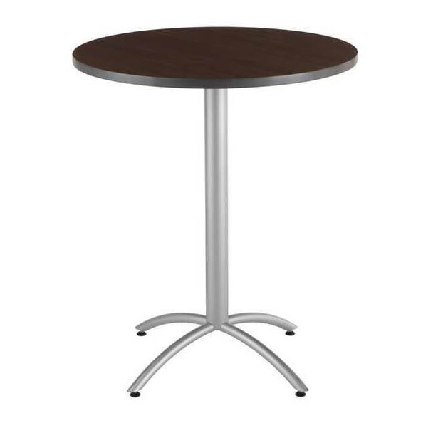 CafeWorks Cafe/Breakroom Table, Walnut Top, Silver Frame, 36 in Dia x 42 in H