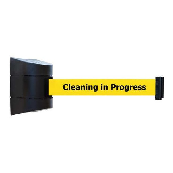 Retractable Belt Barrier, 15 ft Length, Cleaning in Progress, Black