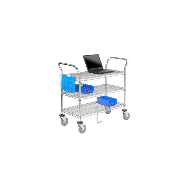 Nexel 3 Shelf Utility Cart Chrome 24""W x 21""D x 39""H Poly Casters4 Swivel 2 B