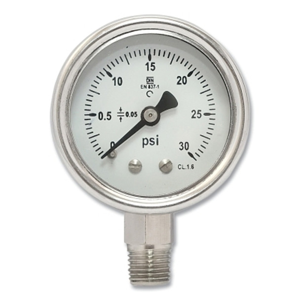 Pressure Gauge, 2 in, 30 psi, 1/4 in NPT, MIP
