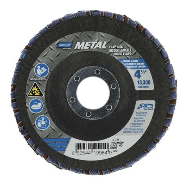 Norton Abrasives Fiberglass Flap Disc,4-1/2" x 7/8",PK10 66254419984