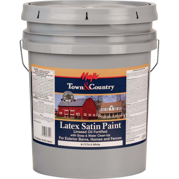 MAJIC Town & Country Exterior Latex Satin Paint, White, 5 Gal. 133355/8-7774-5