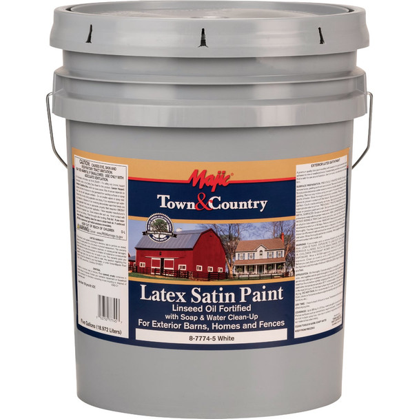 MAJIC Town & Country Exterior Latex Satin Paint, White, 5 Gal. 133355/8-7774-5