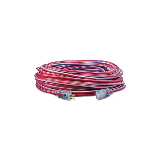 Stripes® Extension Cord, 100 ft, 1 Outlet, Red/White/Blue