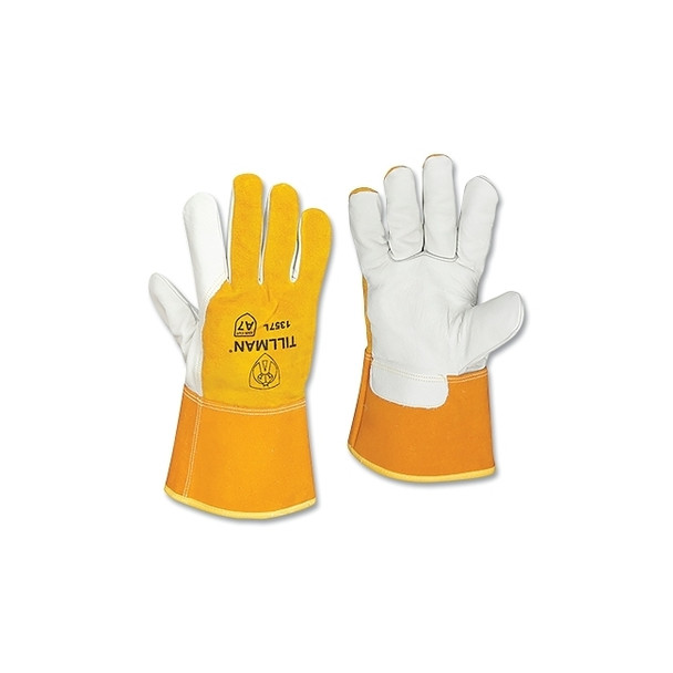 MIG Welding Gloves, 1357, Top Gr Cowhide Palm/Split Cowhide BOH/Cuff, Med, Pearl/Bourbon Brn, 4 in L Straight Cuff