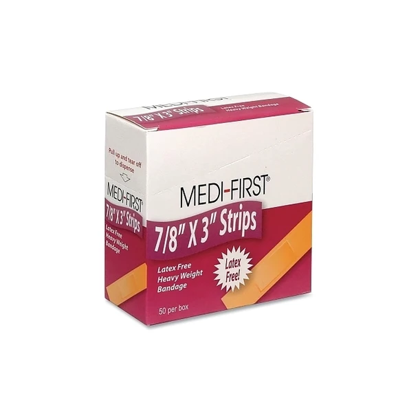 Extra Heavy Weight Adhesive Bandage, 7/8 in W, 3 in L, Strip, Fabric