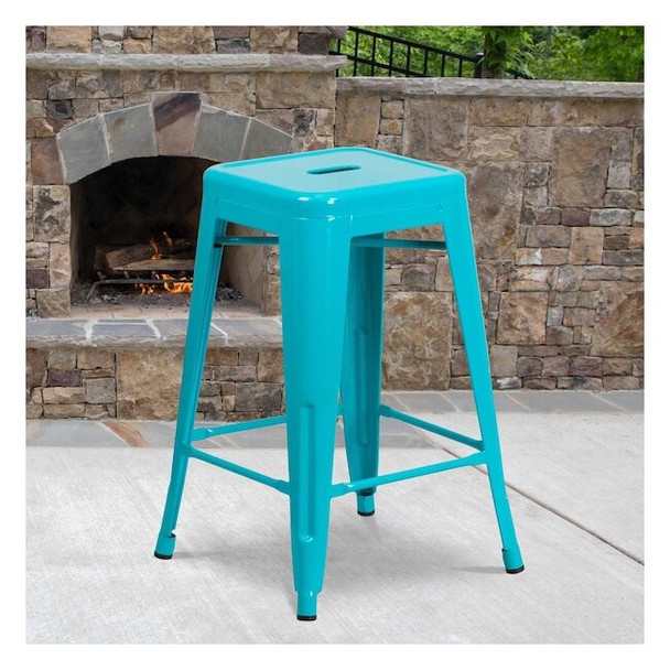 24"H Backless Teal-Blue Counter Height Stool, PK4