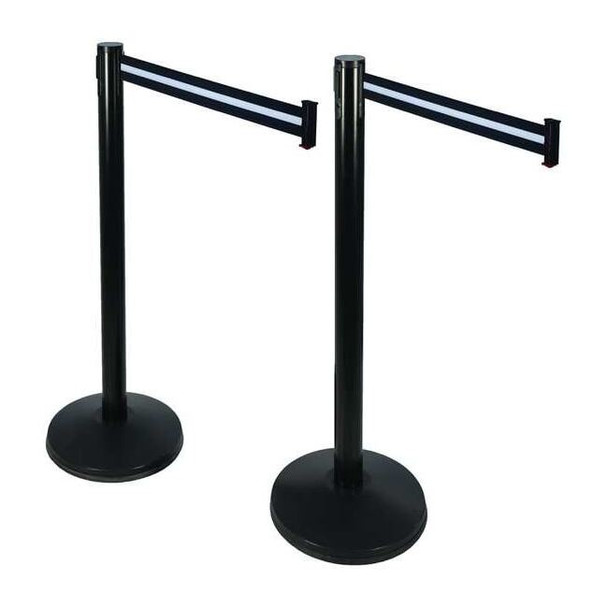 Barrier Post with Belt, Black, 10 ft Length, 40 in Post Height, No Legend, Black