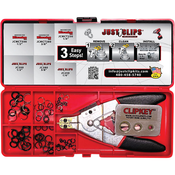 All-In-One Kit comes w/ Snap Ring Pliers, ClipKey & 6 sets ea JC & Milwaukee Style 1/4", 3/8" & 1/2" AIOTK