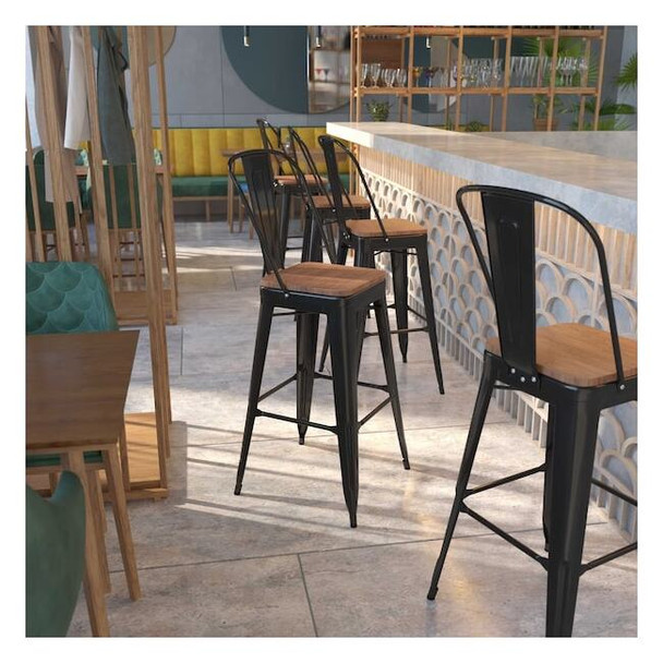Flash Furniture Metal Barstool,30",Black CH-31320-30GB-BK-WD-GG