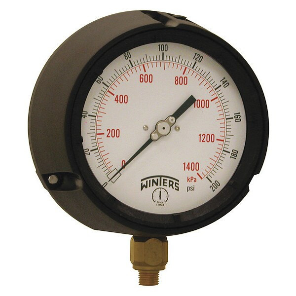 Process Pressure Gauge, 0 to 200 psi, 4 1/2 in Dial, 1/4 in NPT, Bottom Location