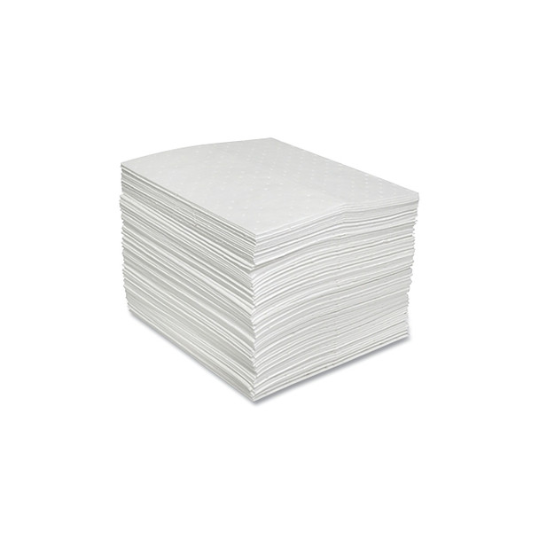 Sorbent Pads and Rolls, 18 in L x 16 in W, Oil Only, Heavy, Single-Ply, White, Pads, Bag