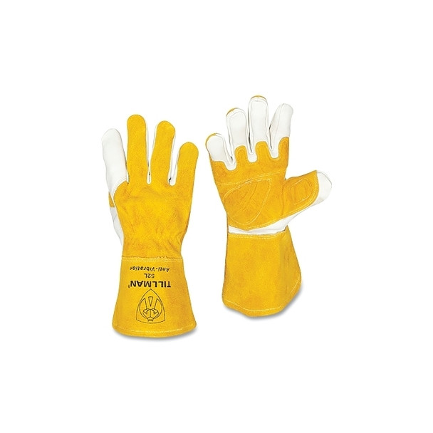 MIG Welding Gloves, 52, Goatskin/Split Cowhide Palm/Split Cowhide BOH/Cuff, Med, Bourbon Brn/Pearl, 4 in L Shirred Cuff