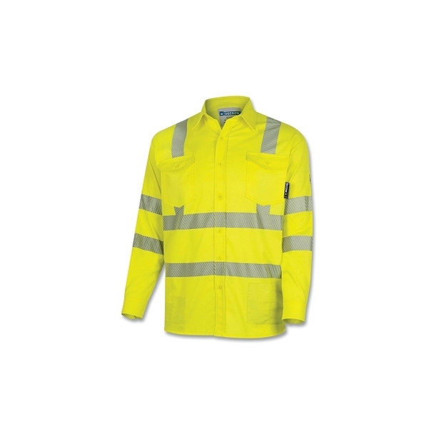 FR/Arc-Rated Safety Shirt, ZFI506, Long-Sleeve Collared w/Refl Stripes, Button-Up, 88 Cotton/12 HT Nylon, XL, Hi-Vis YW/Sil