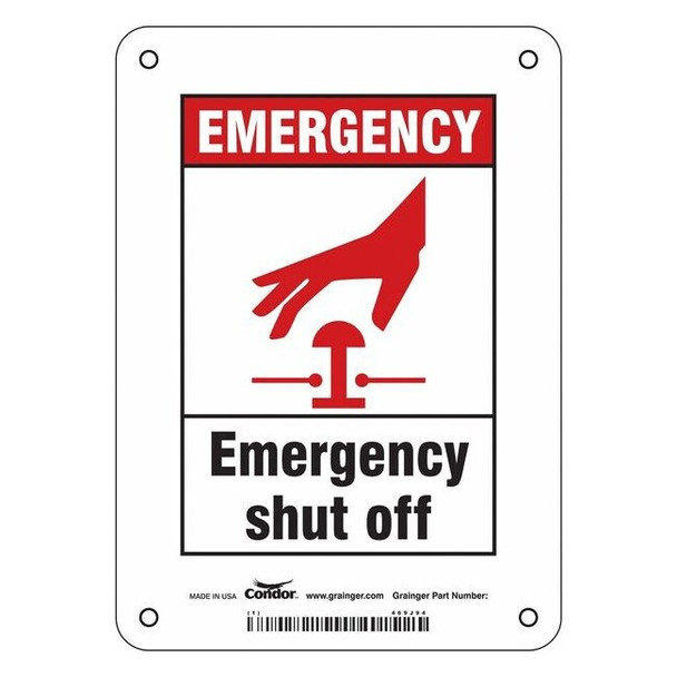 EMERGENCY SHUT OFF, 5 in W x 7 in H, Vertical Rectangle, Polyethylene, 469J94