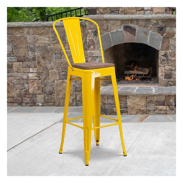 Metal Barstool, 30", Yellow, Finish: Powder-Coated