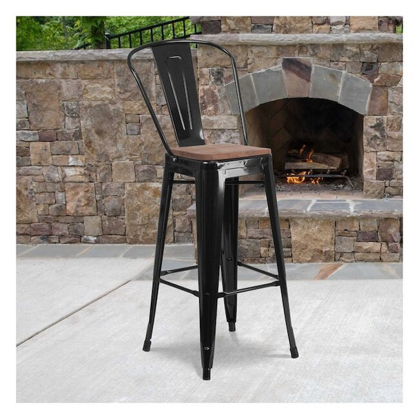 Black Metal Barstool with Back and Wood Seat,30" High,PK4