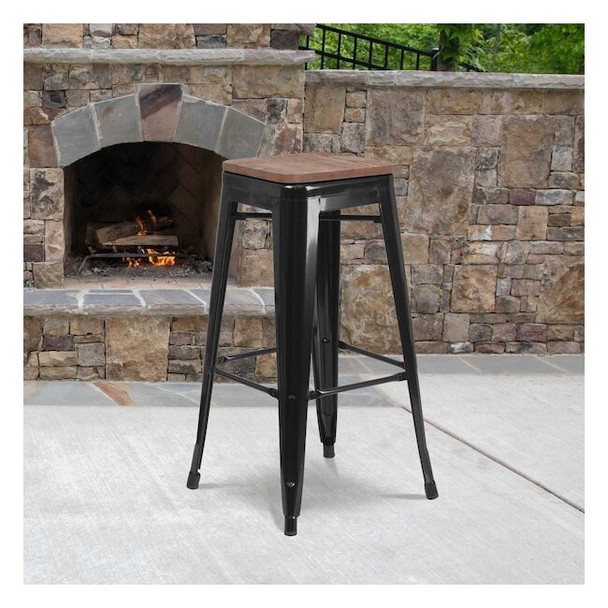 Backless Black Metal Barstool with Square Wood Seat,30" High,PK4