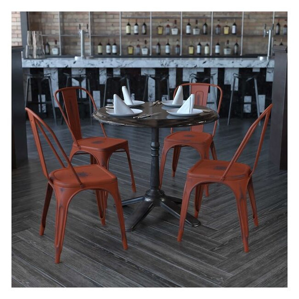 Distressed Kelly Red Metal Indoor-Outdoor Stackable Chair,PK4