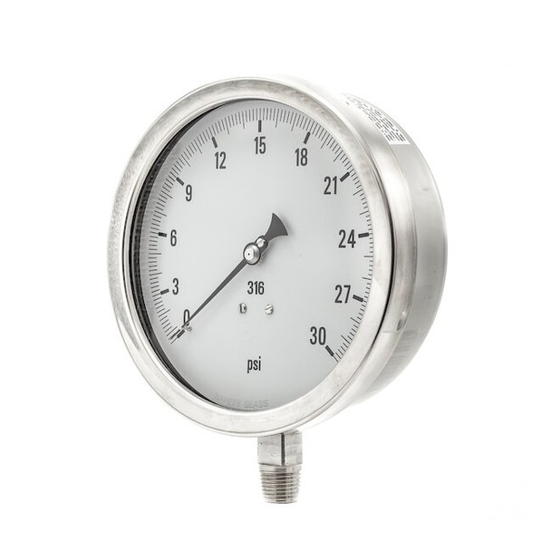 Industrial Pressure Gauge, 0 to 30 psi, 6 in Dial, 1/4 in NPT, Bottom Location