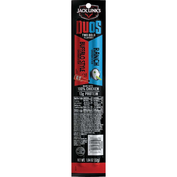Jack Link's 1.84 Oz. Duos, Frank's RedHot/Ranch Chicken Sticks 114332 Pack of 10