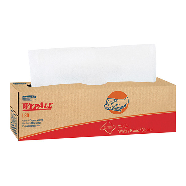 WypAll* L30 Wipers, Pop-Up Box, 16 3/8" x 9 13/16", White, 8 Boxes/100 Each