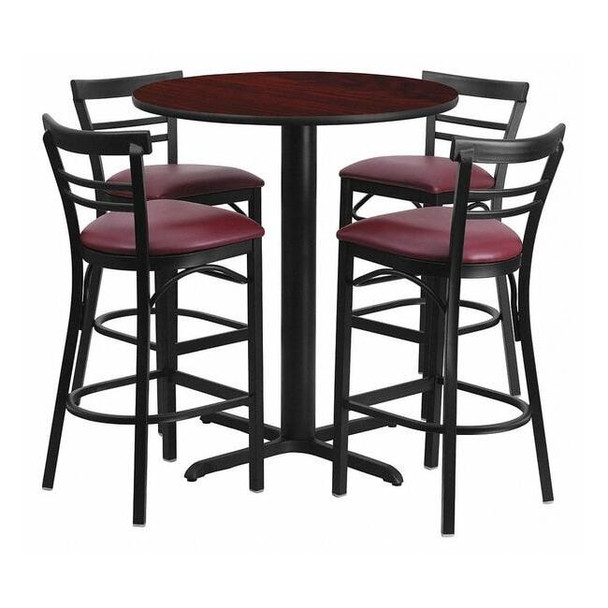 Round Mahogany Bar Table,X-Base,Burg Seats,24", Laminate Top, Wood Grain